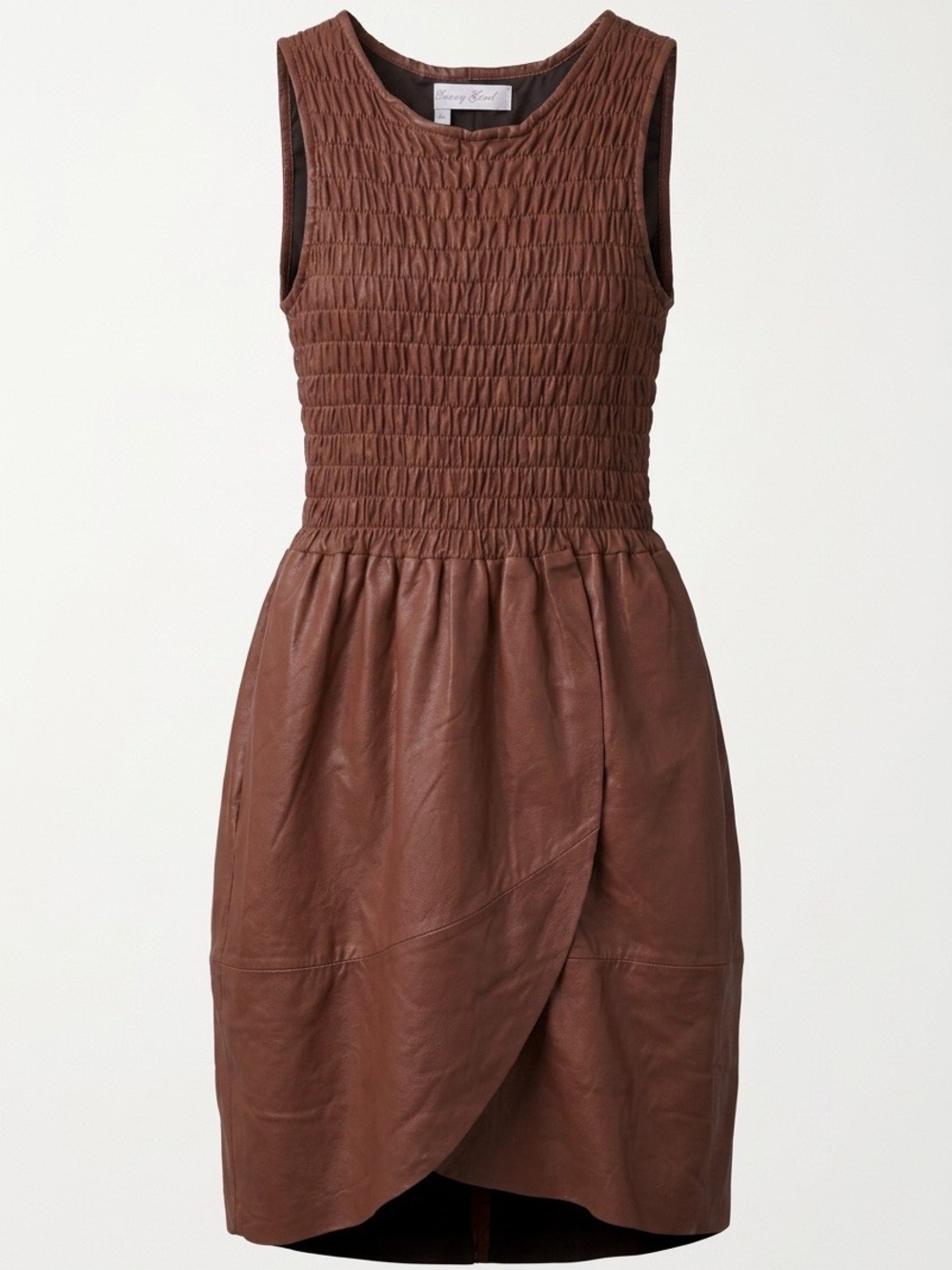 Brown Leather Smocked Tulip-Hem Mini Dress by Geren Ford